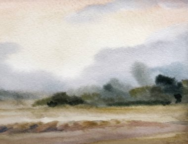 El çizimi açık renk resim karalaması sisli bahar yağmuru sahnesi sahne kağıdı metin arkaplanı. Sakin sonbahar dumanı olgunlaşmış tahıl, ekin manzarası çalı, köknar ağacı, soyut manzara.