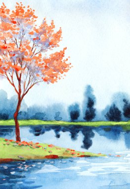 El yapımı, soyut Çinli ressam suluboya resim çizimi kâğıt metin arkaplanındaki bulanık sis sahnesi. El çizimi açık pembe renk kiraz ağacı sakin vadi kırsal manzaralı sanat eserleri