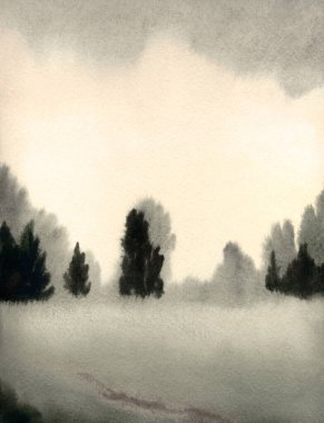 El çizimi açık renkli suluboya resim taslak su deresi deresi, gölet kıyısı yağmur sahnesi, kağıt metin arkaplanı. Pembe renk sakin sonbahar sisi duman çalılık ağaçlık bitki izi kırsal manzara