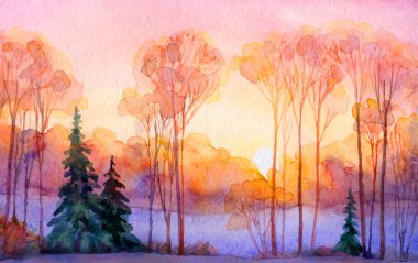 El çizimi soyut suluboya sanat eserleri açık pembe boya fırça stili noel yeni yıl kağıt kart metni alanı. Sakin, eski, solgun, sisli, sisli, sisli tepe yolu kırsal çalılık manzaralı...