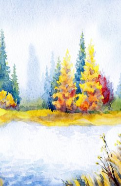 Canlı bir el çizimi akvaryum taze çimen güzellik sahnesi kağıt metin arkaplanı. Parlak kırmızı turuncu renkli boya çalılık sakin, serin hava günü. Manzaralı dere körfezi sahili kırsal arazi manzarası