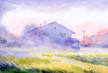 El çizimi suluboya ahır kulübesi açık kağıt metin arkaplanı. Sakin, nemli, sisli, kır ağacı manzaralı, dumanlı, parlak, mavi renkli, geçmişe dönük sanat eserleri.