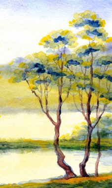 Parlak el çizimi suluboya ressamı temiz hava batımı sahnesi çiziyor. Kağıt arkaplan metin alanı. Açık yeşil renkli boya sanat eseri çalılık vadi çimenliği sakin bir günde dere kıyısı manzarası