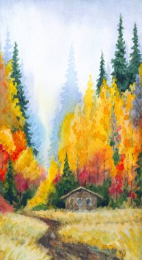 Kağıt desenli arkaplana elle çizilmiş suluboya resim. Taiga nemli sis günü manzaralı bulutlu manzara üzerine metin uzayı. Parlak kırmızı turuncu renk yabani çimen bitkisi kara akrilik Rusya manzarası