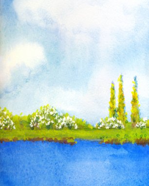 Parlak mavi renkli boyalı el, soyut suluboya yaşlı ressam eskizini kâğıt arkaplanda günbatımı sahnesine çizmiş. Sanat eserleri çim çiçekleri manzaralı sakin dere kıyısı manzaralı