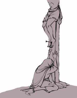 Vektör çizimi. Çarmıhın dibinde ağlayan bir kadın