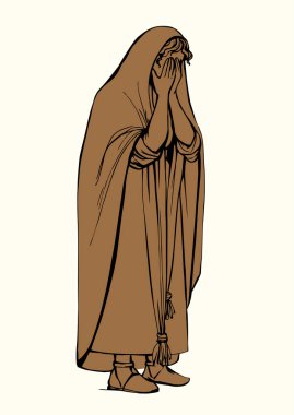 Yahudi peçesi, yalnız, muhtaç, kederli, üzgün, Leydi Mary ağlıyor. Tanrı 'dan, İsa' ya, sefalet içinde, umutlu gökyüzü için yalvarmasını dile. El yapımı, genç yaşta hasta, Suudi Arabistan 'da erkek, İslam' a ihtiyacı var. Dul İsrail sanatına.