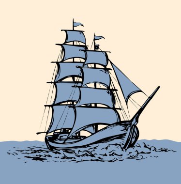 Beyaz gökyüzünde izole edilmiş ahşap uzun korsan yelkenli kürek balığı piktogramı. Serbest çizgi siyah mürekkep çizili logo işareti amblem resmi çizimi resim eskimiş çizim tarzı kalem kağıt üzerinde metin alanı için