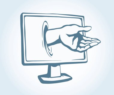 Düz lcd UI tv hasta aygıt yardım risk sorunu uygulaması üzerinde beyaz metin için yer. Dilenmek Yardım veri ulaşmak parmak sor. Karikatür grafik vektör çizilmiş yasadışı net casus bozuk hırsız adam vermek tutun bilgi hediye işareti simgesi