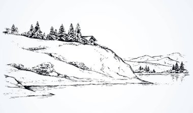 Yüksek nehir kıyısındaki kırsal uçurum çalı çayırı sahnesi. Alp Rıhtımı kamp köşkü beyaz gökyüzünde yazı için uzayda. Çizgi siyah mürekkep el çizilmiş kulübe resim sanat klasiği karalama stili kağıt üzerine kalem oyma