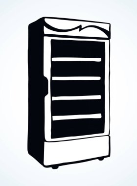 Büyük soğutucu beyaz arka planda buzlu soda iyi durumda buzdolabı standı gösteriyor. Çizgi siyah el çizimi boş raflı göğüs kafesi koridor koridoru cihaz sembolü işaret işareti modern karalama çizgi film biçimi metin alanı üzerine