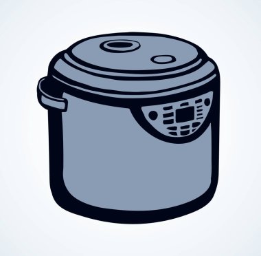 Modern metal karışımı fırın tenceresi cihazı beyaz uzayda metin için. Serbest çizgili siyah mürekkep eli sağlıklı çizilmiş tost ekmeği fırını kabı objesi logosu sanat karikatürü tarzında. Yakın görünüm