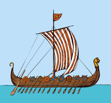 Eski çağlardan kalma ahşap kürek kalkanı Yunan kalyonu. Siyah mürekkep çizgili el Romalı tüccar ticareti logo simgesini sömürgeleştirdi sembol tasarımı beyaz kağıt çizimi eski sanat retro grafik baskı biçimi