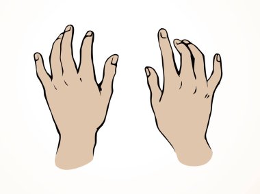 Genç erkek fizyo masör bilek ışık arka zemin üzerinde. Hat logosu piktogram. Siyah mürekkep çizilen kız iş kullanımı amblemi retro sanat doodle karikatür tarzı kağıt alanı metin için anahat. Closeup üstten görünüm