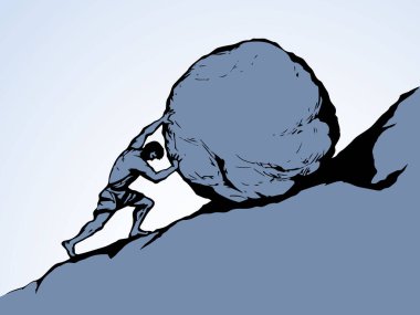 Erkek işçi figürlü tırmanış beyaz gökyüzü mesaj alanında gol taşıyor. Çizgi siyah mürekkep çizili efsanevi erkek kahraman kuvveti faydasız kariyer eylem logosu simgesi işareti. Eski sanat karalaması çizim vektör efsanesi