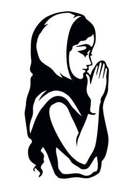Genç üzgün üzgün üzgün üzgün, güzel bayan Lord İsa 'ya sor. Retro sanat beyaz metin alanı çizer. Siyah çizgi çizilmiş. Saflığa şükürler olsun. Sevgi kıvrımlı kol, yetişkin İncil logosu simgesi kavramı için yalvar.