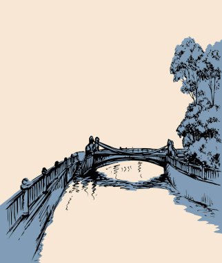 Göl kıyısındaki eski bir Rus köprüsü yolu. Siyah el çizilmiş dere kanalı kare manzara resmi. Retro sanat karalama çizgi film tarzı. Beyaz gökyüzünde panoramik manzaralı metin uzayı