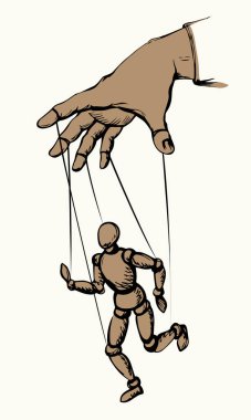 Beyaz ahşap kravat köle model hareket ustası diktatörü asıyor. Siyahi, otoriter, politik tiyatro yönetmeni, sanatçı oyunu, nesne kariyeri, işaret simgesi çizimi, retro sanat karikatür vektör stili.