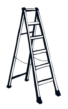 Yakın plan, arka plandaki modern uzun merdiven. Freehand ana hatları siyah mürekkep el basit eski uzun obje logo pictogram tasarımı kağıt metin alanı üzerinde retro sanat karalama tarzı kalem