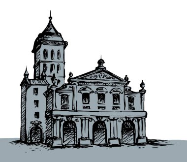 Şehir merkezinde yaşlanmış romantik bir yaz yeri. Büyük çizgi ortaçağ ön kapı manzarası. Eskimiş karikatür karikatür karalama gravür stiliyle çizilmiş siyah bir el resmi. Beyaz gökyüzü arkaplanındaki kağıt metin alanı