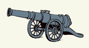 Beyaz metin uzayında bronz korsan cephaneliği cephaneliğini geçince. Eskimiş resim karalama gravür biçiminde siyah mürekkep çizilmiş güvenlik topçu nesnesi logosu piktogram amblem tasarımı. Yakın görünüm