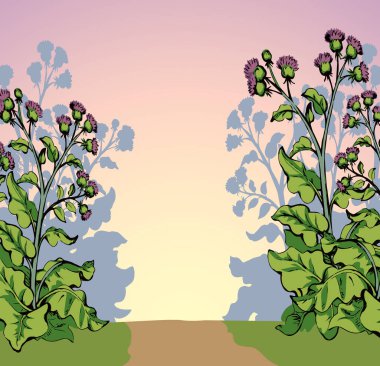 Büyük yeşil arctium lappa ağacı sürüsü orman manzarayı izole eder. Mavi günbatımı metin uzayı sınırı. Parlak renkli el, klasik eko biyo-organik toprak şeridi sahnesi. Retro sanat taslak sembol biçimi