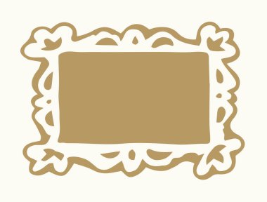 Eski, rustik, yeniden canlandırılmış, boş kare kart. Rokoko deco sanatçısı boş amblem çizilmiş siyah mürekkep boyalı el. Çizgi roman dikdörtgen şeklinde. Kapanış görünümü beyaz duvar metin alanı arkaplanı