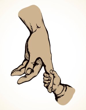 Sevimli, yaşlı bir erkek baba, avuç içi avuçlar gidiyor. Yakın görünüm beyaz arkaplan metin alanı. Çizgi siyahı, genç, dokunmatik, küçük parmak güvenlik desteği yaşam logosu simgesi tasarımı. Retro sanat karalama çizgi film stili çizimi