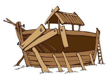 Büyük ahşap yay Ararat 'ın arazisini harap ediyor. Beyaz gökyüzü mesaj uzayı. Antika çizgiler, karalama, çizgi roman, el çizimi, Genesis, kutsal Tanrım, umarım İncil, proje resim tasarımı, ikon tasarımı kavramını inşa etmiştir.