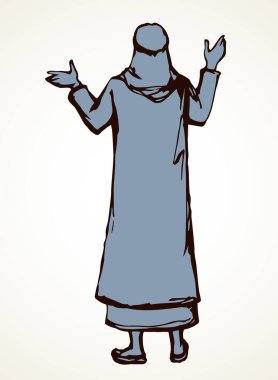 Bedouin welcome guy turban hat. Black drawn old bible human faith sign icon symbol. Retro biblic jewish history cartoon happy preacher. Asia kandura thobe robe tunic rear behind arm up jew winner view