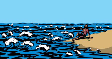 Old lone lost jew male guy sit stone hope save life dive swim wild splash symbol. Retro ship wreck alive israel faith pray god help biblic story cartoon line hand drawn sketch art white sky text space