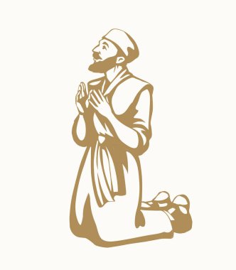 Mutlu, yetişkin, orta yaşlı, Yahudi, köle Arap, erkek. Umarım İsrail 'li erkek, kollarına güvenir. Tanrı' ya şükürler olsun. Tek başına çizilmiş Asyalı Müslüman bornoz giysi simgesi simge eski beyaz gökyüzü görünümü