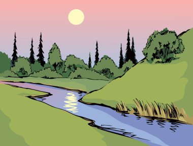 Eski montaj ana hatları siyah mürekkep kalem el çizilmiş sonbahar dale yamaç yol yolu meşe çalıları sahne resmi eski resim kağıt tarzı. Sanatçı kalem satırı bile sahil sazlığı metin alanı sanat arkaplanı