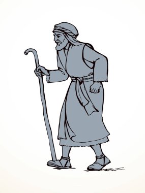 Yetişkin bilge, orta yaşlı erkek Yahudi, beyaz bornoz, baston görünümlü İsrail elbisesi giyer. El çizimi siyah retro müslüman uae uae hindi çöl adam Paul dua Tanrı İsa Mesih inancı yol inanış İslam sanat yolu