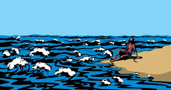 Old lone lost jew male guy sit stone hope save life dive swim wild splash symbol. Retro ship wreck alive israel faith pray god help biblic story cartoon line hand drawn sketch art white sky text space
