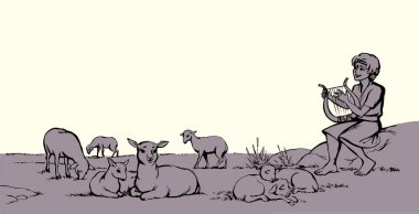 Vektör çizimi. Sahada arp çalan adam.