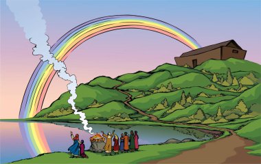 Vektör çizimi. Nuh, Tanrı 'ya kurban sunuyor.