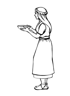 Genç, fakir, Yahudi, insan, yaşlı kadın, beyaz, kırsal, eski püskü, peçeli kumaş. El çizimi sanat eskizi mutlu kölelik çocuk çocuk işgücü iş etkinliği tepsisi getirin öğle yemeği için yalvarın