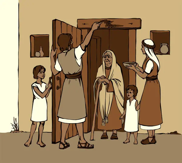 Vector Drawing Family Fulfills God Command Anoints Doorposts Blood Lamb — Stock Vector