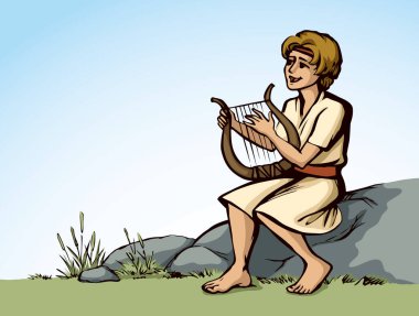 Genç Yahudi hobi erkek çocuk, parmak akoru, Lira Lute notası, dua et de eski moda robot resim çizimi tarzında çizilsin. İsrailli Lord Musevi kız halk sanatları sanatçısı Kral Saul beyaz gökyüzü