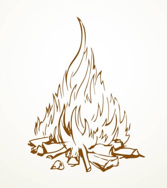 Kapalı eski parlak ışık kırmızı sıcak kömür kömürü sıcak kül taşı orman manzarası açık beyaz gökyüzü metin alanı. Çizgi koyu siyah mürekkep kalem eli çizilmiş eko yemek yaşam logosu kavramı antik Yahudi tanrı sanat stili