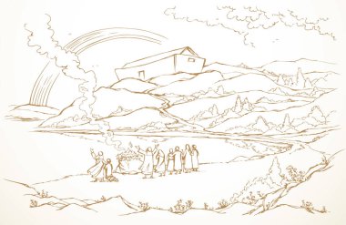 Kutsal insan ailesi erkek çocuğu, taş okyanusu, kuru kayalık tepe tarlası, beyaz gökyüzü, duman bulutu manzarası. El çizimi sanat eskizi. Çizgi film işareti. Hayat kurtarır.