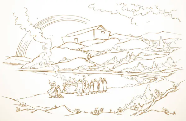 Kutsal insan ailesi erkek çocuğu, taş okyanusu, kuru kayalık tepe tarlası, beyaz gökyüzü, duman bulutu manzarası. El çizimi sanat eskizi. Çizgi film işareti. Hayat kurtarır.
