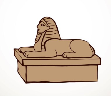 Altın mistik oyma aslan adam maskesi izole edilmiş beyaz çöl kum nekropolü gökyüzü metin uzayına bakıyor. Çizgi siyah el çizilmiş efsane rock tanrısı logosu piktogram retro sanatçı karalama karikatür tarzı