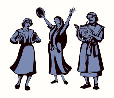 Eski kırsal incil doğu Purim partisi eğlence genç Yahudi bayan kız insan arkadaş tanrı. Arap Yahudi erkek dansçı. El teli folk grubu yüksek sesle çalılara çarptı. İncil 'deki İsrail' e övgüler olsun.