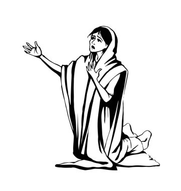 Antik kutsal duvak yalnız üzüntü yalnız diz çök yahudi sürtük Hagar bayan ağla yardım dile Yüce İsa kilisesine el işareti yalnız başına yaşa hasta Suudi Arabistan dulu İslami inanç sanat eskizi