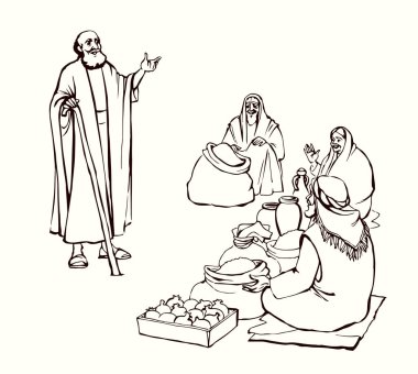 Orient retro Mısır Souq festivali Yahudi kız işyeri perakende mağazası sahnesi. Yahudi İran şehri, Filistin, erkek, insan, tarım işçisi, çizim vektörü, İncil, grafik sanat tarzı.