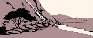 Doğu Arap İnciline ait eski bir Afrika kayalık kanyonu uçurumu, yamaçtaki yemyeşil çalı, manzaralı beyaz gökyüzü metin alanı manzarası. Siyah mürekkep kalem el çizilmiş Sıcak Asyalı sahne retro karikatür sanat dolap tarzı