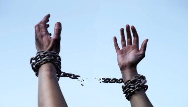 Close up jail law danger addict young sad guy ask god power joy help drug aid victory life. Closeup mental pain lady win sin limit old bind iron steel metal lock raise restrain will kidnap trap arrest