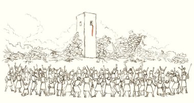 Retro past age Israeli century east nation male human Rahab scene. Black line hand drawn holy faith Jew Hebrew knight prayer Joshua shout trumpet break down pray god miracl sound stone ruin art sketch